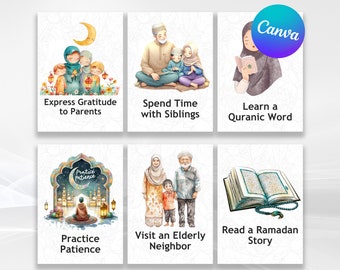 30 Ramadan Good Deeds Cards, Ramadan Islamic Games, Ramadan Flash Cards, Ramadan Advent Cards, Kids Good Deeds, Ramadan Gift, Canva Template
