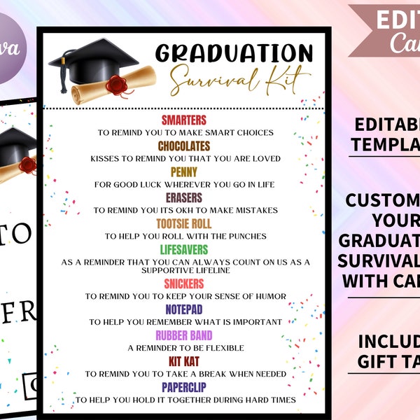 EDITABLE Graduation Survival Kit, After Graduation Survival Kit, Graduate Gift Idea, Printable Survival Kit, Graduation Party Favors, Canva