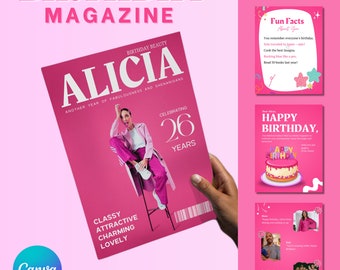 編集可能な誕生日雑誌テンプレート、親友のための誕生日雑誌、印刷可能な誕生日カバー、DIY ピンク雑誌、Canva テンプレート