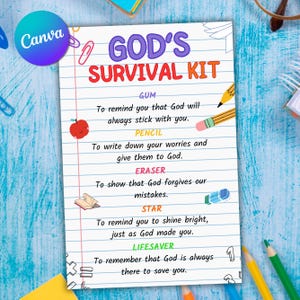God Survival Kit, Editable Back To School Gift Tag, Christian School Survival Kit, First Day Of School Tag, Religious Tag, Canva Template