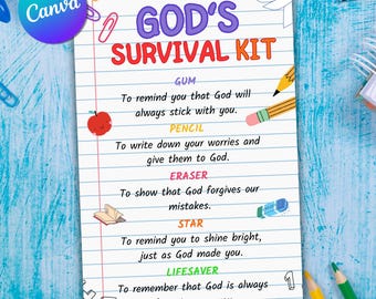 God Survival Kit, bewerkbaar terug naar school-cadeaulabel, christelijke school-survivalkit, eerste dag van school-tag, religieuze tag, canva-sjabloon