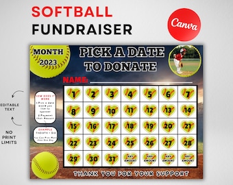 Softball pick a date to donate, INSTANT DOWNLOAD, Fundraiser, pay the date, softball fundraiser calendar, black out my board, softball