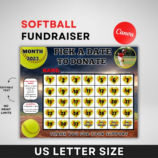 Softball pick a date to donate, INSTANT DOWNLOAD, Fundraiser, pay the date, softball fundraiser calendar, black out my board, softball