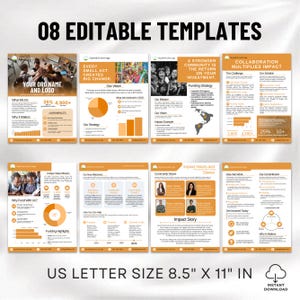 Könnte beinhalten: Acht editierbare Vorlagen auf Papier im US-Letter-Format 21,6 cm x 27,9 cm. Die Vorlagen verfügen über orangefarbene und weiße Designs mit Text und Grafiken. Die Vorlagen enthalten Abschnitte für den Namen und das Logo einer Organisation, ihre Vision und ihre Wirkung.