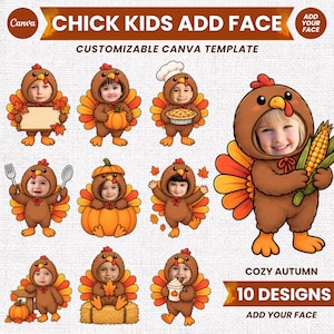 Pode incluir: Um modelo digital Canva com 10 ilustrações de crianças vestindo fantasias de peru marrons com penas de cauda laranja e amarelas. Os designs incluem vários temas de outono como abóboras, milho, tortas e folhas, com espaço para adicionar um rosto.