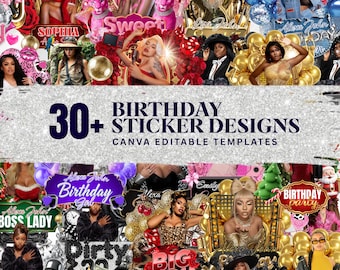 Geburtstags-Design-Vorlagen-Bundle, 30 + Geburtstagsaufkleber, Styroporbecher-Aufkleber, T-Shirt-Designs, bearbeitbarer rosa Gepard, Cowgirl, Kasino, Y2k Design