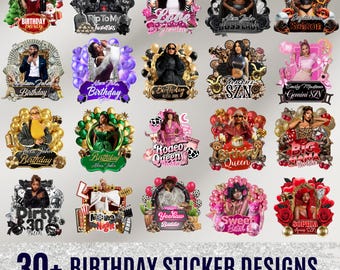 Geburtstags-Design-Vorlagen-Bundle, 30 + Geburtstagsaufkleber, Styroporbecher-Aufkleber, T-Shirt-Designs, bearbeitbarer rosa Gepard, Cowgirl, Kasino, Y2k Design