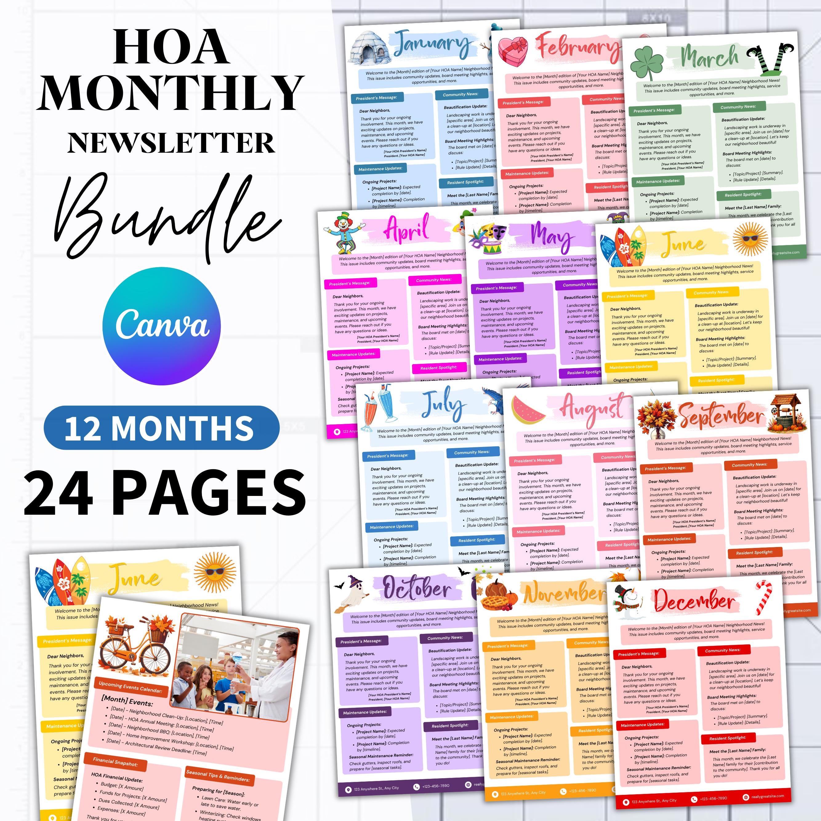 12 Months Newsletter Bundle for HOA, 24 Pages Community Newsletter ...
