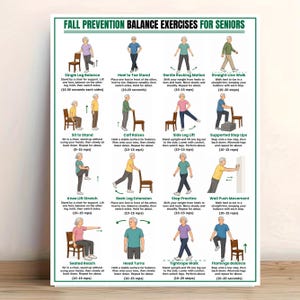 May include: A white instructional poster titled Fall Prevention Balance Exercises for Seniors featuring twelve illustrated figures demonstrating various physical movements with text descriptions and repetition counts for each exercise in a grid layout.