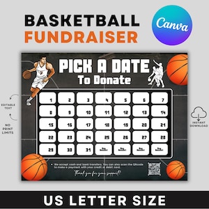 Basketball Fundraiser Calendar, Pick a Date to Donate Basketball Fundraiser, Basketball Team Cash Fundraising Calendar, Canva Template