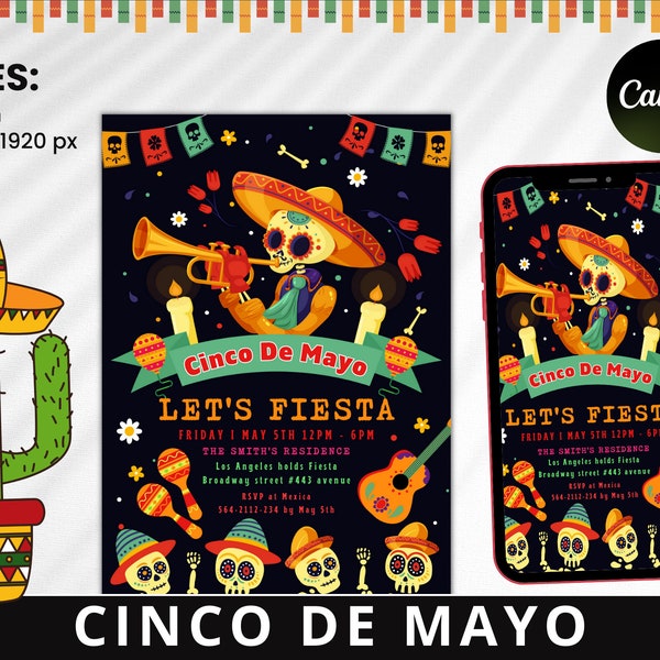 Editable cinco de mayo invitation, cinco de mayo party, cinco de mayo invite, let's fiesta invite, instant download