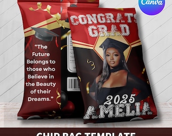 Plantilla de Canva para bolsas de papas fritas de graduación, recuerdo de fiesta de graduación, paquete de recuerdos de fiesta de graduación de la clase de 2025, recuerdos de fiesta con bolsas de papas fritas, plantillas de Canva