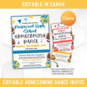 Puede incluir: Plantilla editable para una invitación de baile de bienvenida. La invitación presenta un balón de fútbol, animadoras y el texto "Pinewood High School Homecoming Dance" con la fecha y la hora del evento. También se incluye el texto "¡Puedes cambiar todo el texto y los gráficos de pompones a los colores de tu escuela!"