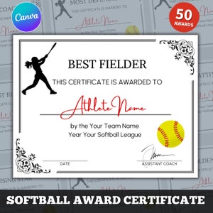 Editable Softball Award Certificate, softball Award Printable, Softball Team Appreciation Award Canva template, Softball Team Party Award