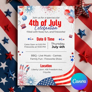 4th of July Party Invitation Template, Independence Day Party Invite, Patriotic Invite, USA Holiday, American Flag, Red White Blue Fireworks