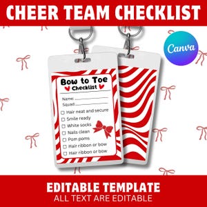 Może przedstawiać: Biało-czerwony szablon "Bow to Toe Checklist" z edytowalnym tekstem dla drużyn cheerleaderek. Lista kontrolna zawiera elementy takie jak "Włosy schludne i zabezpieczone" i "Pompony". Widoczne są również słowa "CHEER TEAM CHECKLIST" i "EDITABLE TEMPLATE".