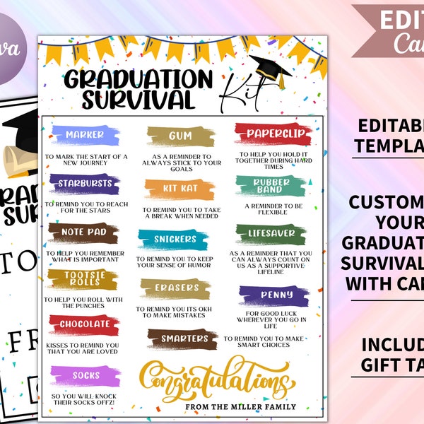 EDITABLE Graduation Survival Kit, After Graduation Survival Kit, Graduate Gift Idea, Printable Survival Kit, Graduation Party Favors, Canva