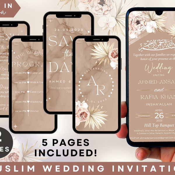 Editable Digital Muslim Wedding Invitation Template, Islamic Wedding Invitation, Nikkah Walimah Shaadi Baraat editable eInvite, 4 Pg, Canva