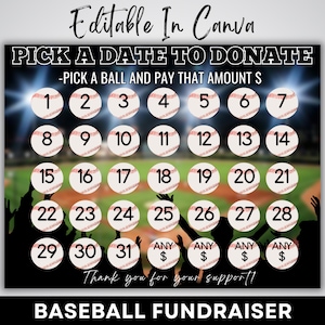 Baseball Calendar Fundraiser, Editable Pick a Date to Donate Baseball Fundraiser Calendar, 2025 Baseball Fundraising Canva Template