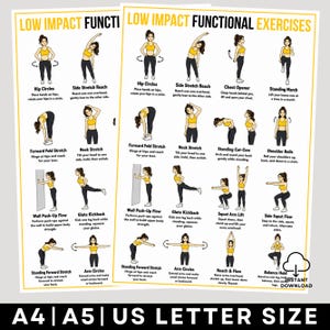 May include: A white instructional poster titled LOW IMPACT FUNCTIONAL EXERCISES featuring illustrations of a person in a yellow top and black leggings performing various movements like hip circles, stretches, and squats with text instructions.