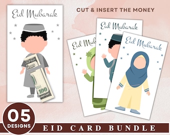 May include: Five printable Eid Mubarak cards featuring cartoon characters holding money. The cards are designed for kids to insert money for a special occasion.