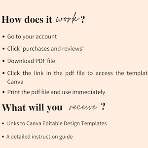 May include: A text-based guide on how to access and use Canva templates. The guide explains how to download a PDF file, click a link to access the template, and print the file for immediate use. It also lists the items included in the purchase, such as links to Canva Editable Design Templates and a detailed instruction guide.