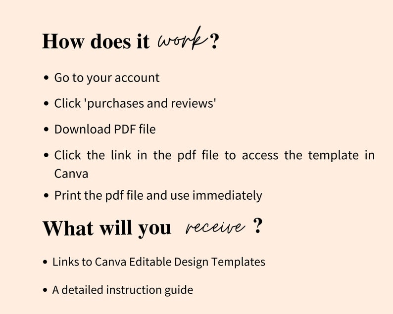 May include: A text-based guide on how to access and use Canva templates. The guide explains how to download a PDF file, click a link to access the template, and print the file for immediate use. It also lists the items included in the purchase, such as links to Canva Editable Design Templates and a detailed instruction guide.
