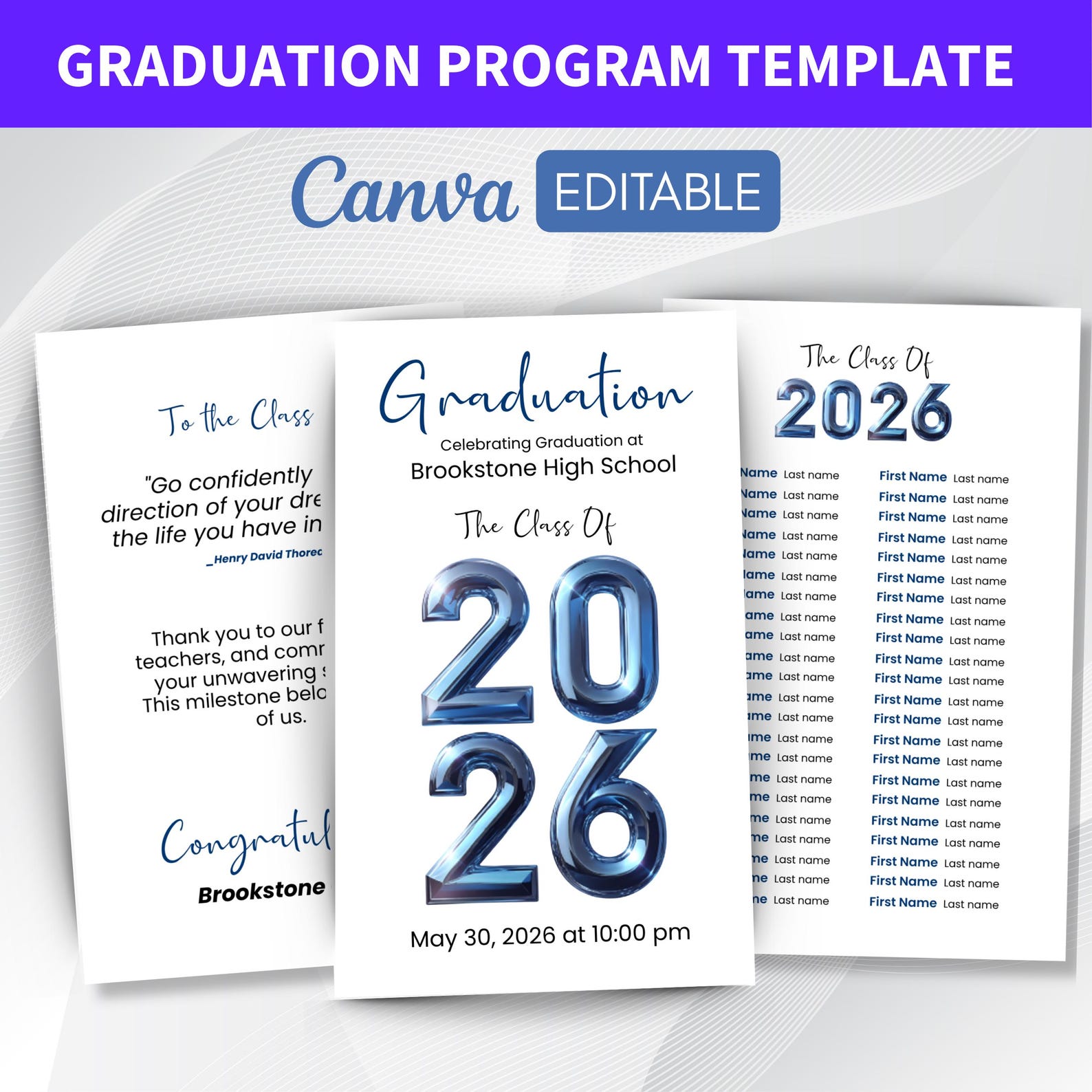 2026 Graduation Program Template, Editable 2026 Ceremony Card, Class of ...