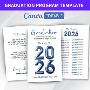 Puede incluir: Una plantilla de programa de graduación con un encabezado púrpura y el texto "GRADUATION PROGRAM TEMPLATE". El diseño incluye tres páginas con texto como "Graduation", "The Class Of 2026" y una lista de nombres. El logotipo de Canva es visible.