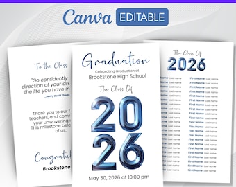 Modelo de Programa de Formatura 2026, Cartão de Cerimônia Editável 2026, Turma de 2026, Programa de Formatura do Ensino Médio e Superior, Download Imediato