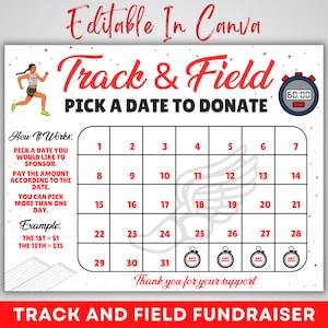 May include: A printable calendar fundraiser for a track and field team. The calendar has a running shoe graphic and the text "Track & Field Pick a Date to Donate".