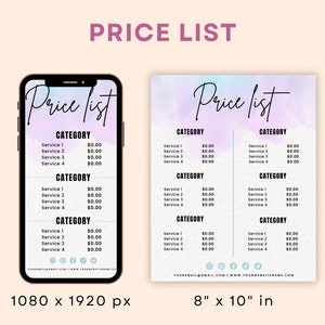 May include: A price list template with a watercolor background in shades of blue and purple. The template is divided into four categories with a list of services and prices. The template is designed for a phone screen and a printed 8x10 inch document.