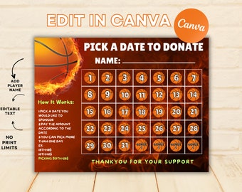 Basketball Pick a Date to Donate, Instant Download, Pay the Date, Basketball Fundraiser Calendar, Pick a Date, Sport Calendar