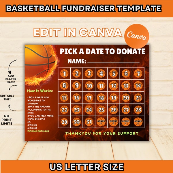 Basketball Pick a Date to Donate, Instant Download, Pay the Date, Basketball Fundraiser Calendar, Pick a Date, Sport Calendar