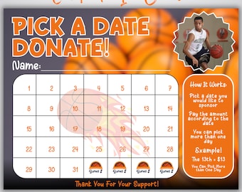 Basketball Fundraiser Calendar, Pick a Date To Date Basketball, Printable Basketball Calendar Fundraiser, Basketball Fundraiser Template