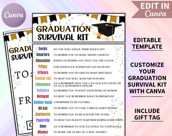 EDITABLE Graduation Survival Kit, After Graduation Survival Kit, Graduate Gift Idea, Printable Survival Kit, Graduation Party Favors, Canva