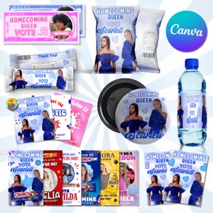 Homecoming Campaign Treat Bundle, Editable Vote For Queen Election Templates, Homecoming Chip Bag, Chocolate Wrapper, Party Favor Templates