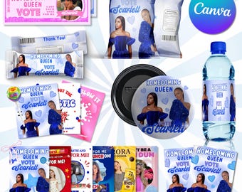Pacchetto di dolcetti per la campagna di Homecoming, modelli modificabili per le elezioni del "Vota per la regina", sacchetto di patatine per il Homecoming, incarto di cioccolato, modelli per bomboniere