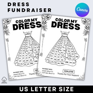 May include: A printable coloring page featuring a dress outline divided into squares, each labeled with $10. The page includes payment information and a goal of $700. The text "Color My Dress" is at the top of the page.
