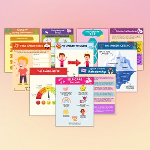 Op de afbeelding: Een set kleurrijke, printbare werkbladen voor kinderen om hen te helpen omgaan met woede en angst. De werkbladen bevatten illustraties van cartoonfiguren, een meter om woedeniveaus te volgen en tips voor zelfzorg. De tekst bevat zinnen als "Hoe woede aanvoelt", "Mijn woedetriggers", "De woede-ijsberg" en "Zelfzorg voor kinderen".