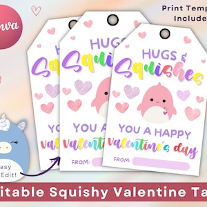 Squishy Valentine Tags, Squishing You Valentine, Hugs and Squishies tags, Squishy Toy Valentine favor Tags, School Valentines favor tags
