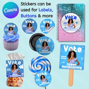 May include: A set of blue and white stickers with the text "Vote" and a picture of a young woman wearing a crown. The stickers are designed for a homecoming event and feature the name "Anna Grace" and the title "Queen Homecoming".