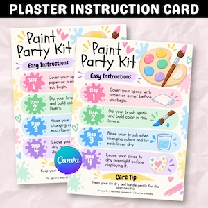 Può includere: Una scheda di istruzioni bianca per un kit di pittura con schizzi di colore, una tavolozza e un pennello. Il testo include istruzioni semplici in quattro passaggi, un consiglio per la cura e note per bambini dai tre anni con aiuto adulto.