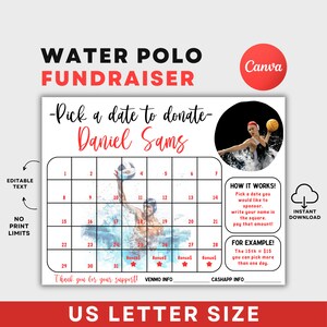 Editable water polo Fundraiser, Pick A Date To Donate Fundraiser, Calendar Fundraiser, PTO Fundraiser School, Canva Editable Template