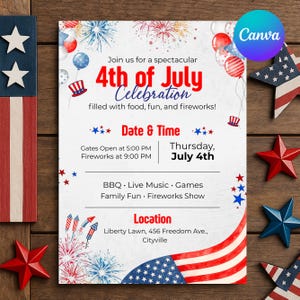 4th of July Party Invitation Template, Independence Day Party Invite, Patriotic Invite, USA Holiday, American Flag, Red White Blue Fireworks