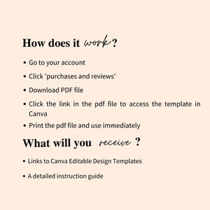 Pode incluir: Gr&aacute;fico cor de p&ecirc;ssego com texto preto detalhando como acessar e usar modelos de design do Canva. O texto inclui instru&ccedil;&otilde;es sobre como baixar um arquivo PDF e acessar o modelo.