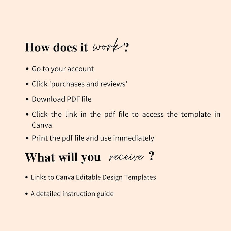 Pode incluir: Gr&aacute;fico cor de p&ecirc;ssego com texto preto detalhando como acessar e usar modelos de design do Canva. O texto inclui instru&ccedil;&otilde;es sobre como baixar um arquivo PDF e acessar o modelo.