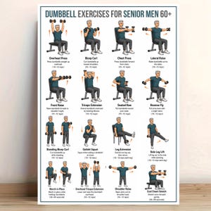 Op de afbeelding: Een witte instructieposter getiteld DUMBBELL EXERCISES FOR SENIOR MEN 60+ met zestien geïllustreerde figuren die diverse krachttrainingsoefeningen met dumbbells demonstreren, waaronder overhead presses, curls, squats en beenoefeningen.