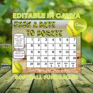 Editable Softball Fundraiser Calendar, Softball Calendar Fundraiser, Pick a Date to Donate, Softball Fundraiser Template, Black Out My Board
