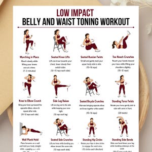 Könnte beinhalten: Ein Trainingsratgeber mit Illustrationen für ein Bauch- und Taillentraining mit geringer Belastung. Der Ratgeber enthält Übungen wie Marschieren auf der Stelle, Knieheben im Sitzen, Russian Twists, Toe Reach Crunches, Knee to Elbow Crunch, Side Leg Raises usw.
